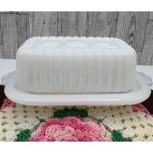 Vintage Milk Glass HALF STICK Butter Dish 50s Kitchen Decor